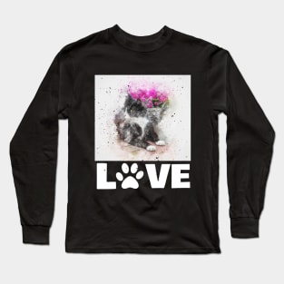 Watercolour Cat Love With Flowers Long Sleeve T-Shirt